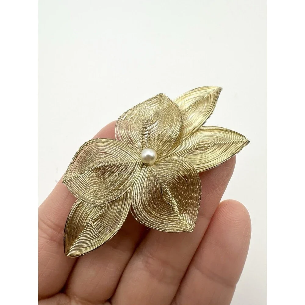 Germany Vintage 50's Spun Wire Flower Brooch Filigree Faux Pearl